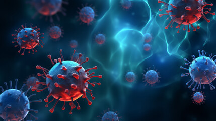 Close up macro details of red blue microbes molecules virus bacteria. Coronavirus outbreak COVID-19. Medicine concept. Ai generative illustration