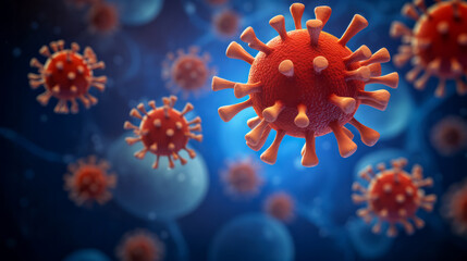 Fototapeta premium Close up macro details of red blue microbes molecules virus bacteria. Coronavirus outbreak COVID-19. Medicine concept. Ai generative illustration