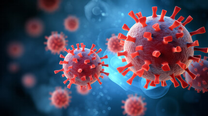 Close up macro details of red blue microbes molecules virus bacteria. Coronavirus outbreak COVID-19. Medicine concept. Ai generative illustration