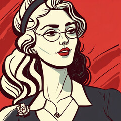 Long-haired woman on a red background in a comic style. Generative AI.