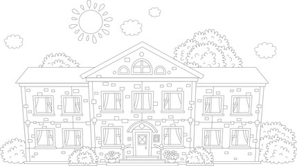 Funny school building surrounded by bushes and trees on a sunny day, black and white vector cartoon for a coloring book page