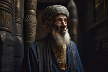 Portrait of old bearded vizier inside ancient Egyptian temple tomb (Generative AI)