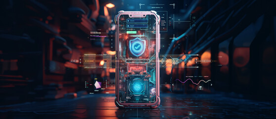 digital identity and cybersecurity of personal data safety on digital storage or wallet concept, wide banner of mobile smartphone using biometric finger print and Two-factor authentication app login