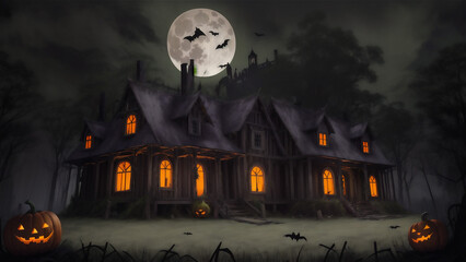 Fototapeta na wymiar Halloween houses with lots of pumpkins in front yard