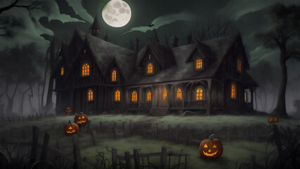 Halloween houses with lots of pumpkins in front yard