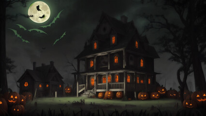 Fototapeta na wymiar Halloween houses with lots of pumpkins in front yard