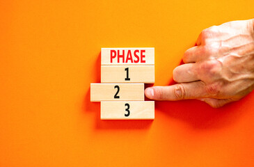 Time to phase 2 symbol. Concept word Phase 1 2 3 on wooden block. Businessman hand. Beautiful...
