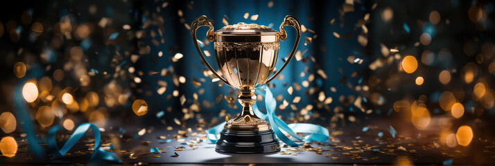 championship cup or winner trophy in golden and silver shiny chrome with celebration confetti and ribbon decoration as wide banner with copy space area - obrazy, fototapety, plakaty