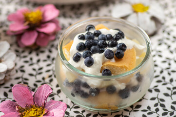Delicious summer dessert with whipped and sour cream covered with baked sponges, tasty cold cake for hot summer days