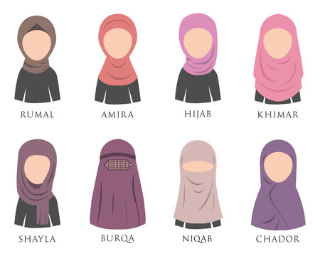 Hijab Types, Types of Hijab in pink colours, vector illustration, muslim woman, woman in hijab, muslim scarf, Islamic woman