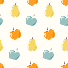 08 Seamless pattern doodle apples and pears on isolated background. Hand drawn background for Autumn harvest holiday, Thanksgiving, Halloween, seasonal, textile, scrapbooking, paper crafts.