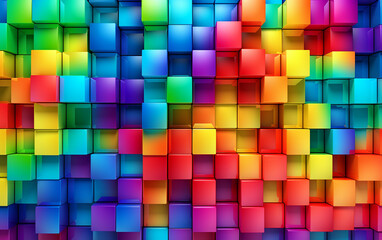 Fototapeta na wymiar rainbow cubes pattern. An arrangement of colorful cube blocks forms a cube pattern, creating an abstract geometric background image. The backdrop is beautifully vibrant with textures. Generative AI,