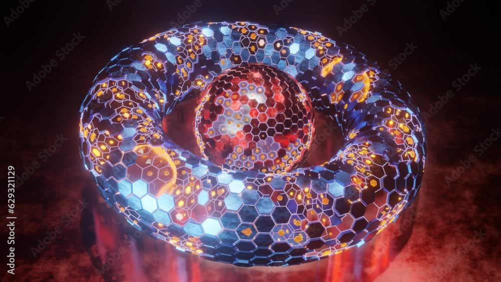 Poster loop 3d animation. abstract geometric figure of a set of hexagons. a torus of metal segments and a s