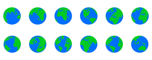 Map of continents. Vector illustration of world with globe.Green icon set of Asia, America, Europe, Africa and Australia on white background eps10