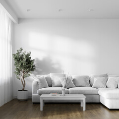 Home interior, modern white, light living room interior, empty wall mockup, 3D rendering