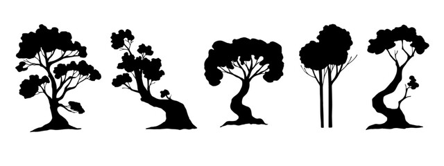 A set of silhouettes of various trees, shrubs.Vector graphics.