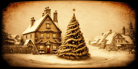 Banner of greeting card Merry Christmas and Happy New Year in old retro style. Christmas tree and house in the snow