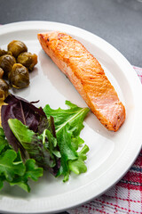 salmon fried fish second course meal food on the table copy space food background rustic top view