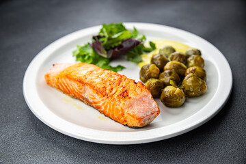 salmon fried fish second course meal food on the table copy space food background rustic top view