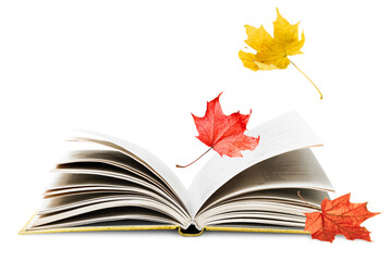open book and falling autumn leaves on a white isolated background