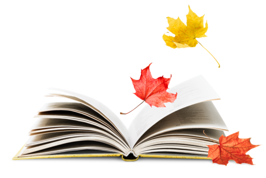 open book and falling autumn leaves on a white isolated background