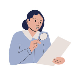 Searching investigation and research concept. Woman holding magnifying glass vector illustration.