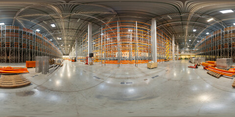 Installation of shelves and racks inside logistics distribution warehouse, 360 degree panorama. Full equirectangular projection for virtual reality or VR. - obrazy, fototapety, plakaty