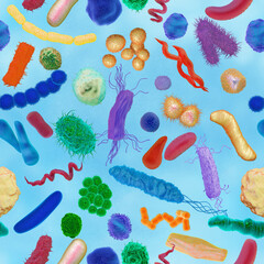 Seamless pattern with different colorful shapes and types of bacteria on white background. Could represent helpful bacteria, good gut bacteria, germs, lack of hygiene, 3d illustration