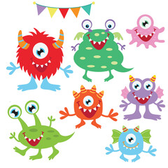 Obraz premium Funny colorful monsters set vector cartoon illustration