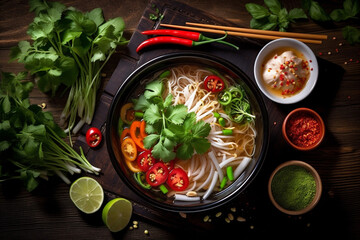 bowl japanese vegetable lunch asian food meal noodle background hot soup. Generative AI.