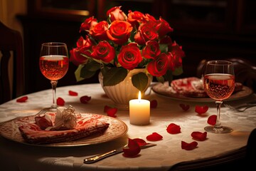 Obraz na płótnie Canvas The idea of a romantic Valentines Day dinner with a beautifully decorated table setting in a softly lit setting.
