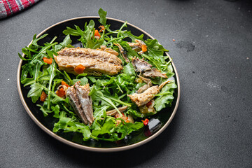 sardine salad fish fresh green leaves meal food snack on the table copy space food background rustic top view