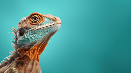 Fototapeta premium Advertising portrait, banner, colorful with red tone lizard looking up , isolated on blue background