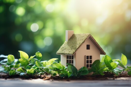 The idea of an eco friendly building, or an eco house, is depicted in an image featuring green leaves, a small wooden model of a house, and a white tag displaying a CO2 neutral mark. The image