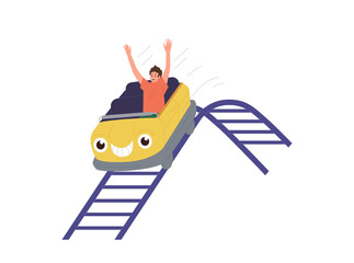 Happy excited teenager boy riding rollercoaster racing along rails having fun in amusement park © Iryna Petrenko