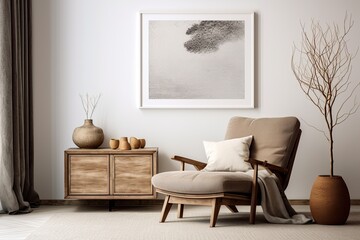 The interior design of a harmonious living room includes a brown dresser, a stylish boucle armchair, a footstool, a lamp, decorative items, a frame for a mock up poster, and elegant personal