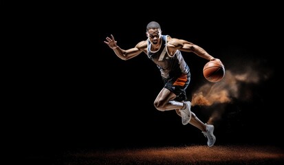 Single basketball player on dark background, as an action shot of a professional athlete in motion, showcasing their skill and athleticism in their respective sport
