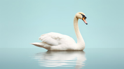 Advertising portrait, banner, swimming beautiful white swan, isolated on light blue background