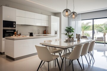 The kitchen has a contemporary design with a bright and sleek interior. It features white furniture and a dining table.