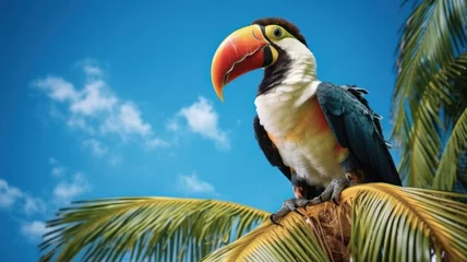 Gordijnen Large Toucan bird in palm tree brunch over blue sky © 18042011