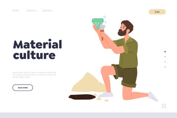 Material culture landing page template with man archaeologist finding gemstone during research work