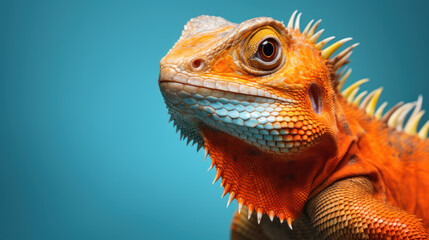 Advertising portrait, banner, colorful redhead orange tone lizard looks straight , isolated on blue background - obrazy, fototapety, plakaty