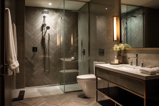 The ensuite bathroom features a contemporary design with a herringbone tiled shower wall made from marble mosaic.