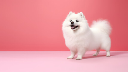 Fototapeta premium Advertising portrait, banner, funny white fluffy spitz dog with open mouth, isolated on red background