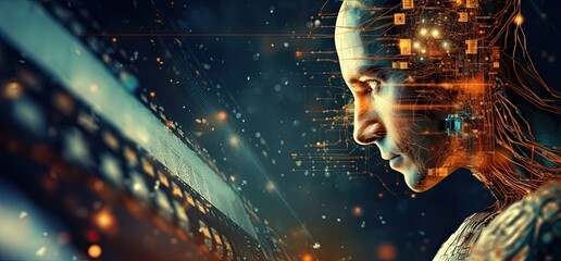 a futuristic image of an artificial intelligence looking forward, in the style of dark teal and gold, tilt shift