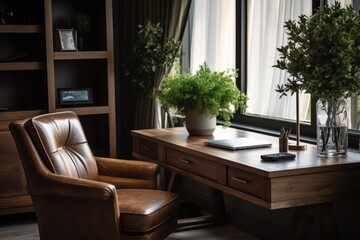 The home office space is adorned with an attractive wooden desk and a stunning chair, creating a stylish interior design. A laptop sits on the desk, alongside some plants, a book, and tasteful