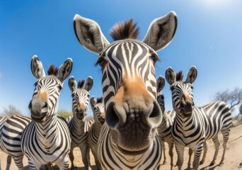 Animal wildlife group of zebras in savannah under blue sky, GoPro shot ....
