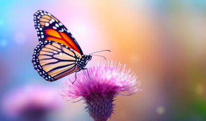 Fototapeta na wymiar macro Photo of Monarch butterfly on single pastel flower.