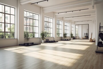 The gym has a white interior and is adorned with a black yoga mat. It features large windows that...