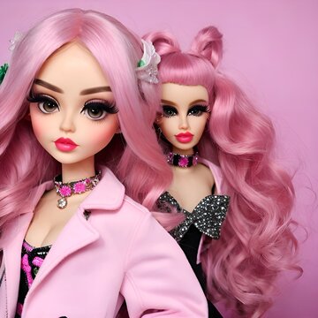 Beautiful rainbow high style pink doll plastic  from altered real picture AI plastic dolls with pink hair cute wide eyed manga anime